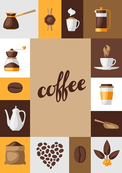 Background with coffee icons. Food illustration of beverage items. Design for coffee shop, bar and cafe.