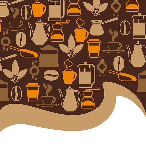 Background with coffee icons. Food illustration of beverage items. Design for coffee shop, bar and cafe.