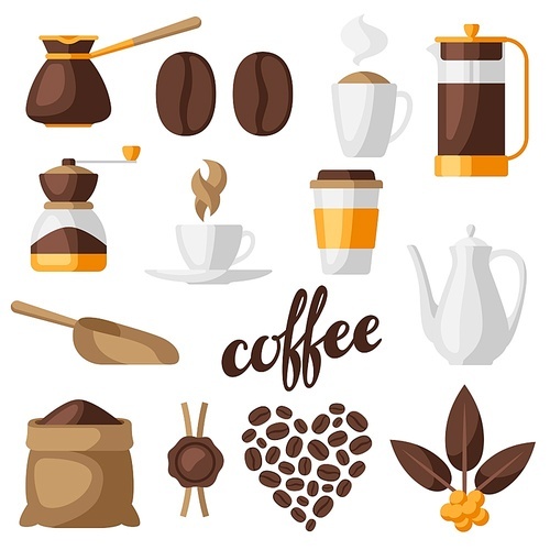 Set of coffee icons. Food illustration with beverage items. Design for coffee shop, bar and cafe.