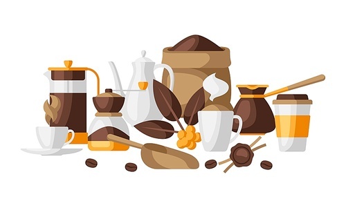 Background with coffee icons. Food illustration of beverage items. Design for coffee shop, bar and cafe.