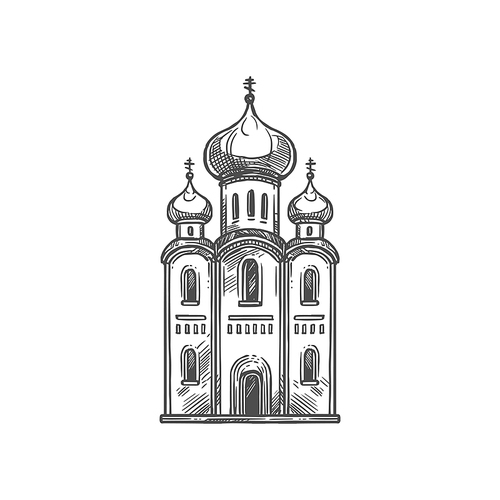 Christian cathedral, Orthodox religion symbol. Vector Christianity religious icon of church with crucifixion cross on domes