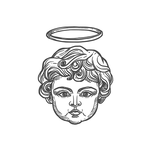 Christian angel child head with glory halo, religious icon. Vector Christianity Orthodox and Catholic religion symbol of angelic cherubim