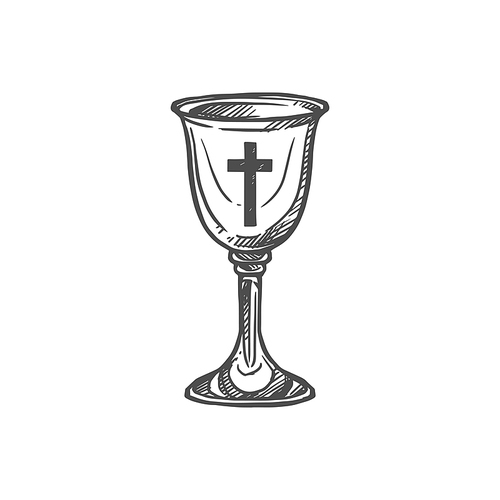 Church religious goblet cup with Christian crucifixion cross. Vector priest worship and mass chalice, Christianity Orthodox and Catholic symbol