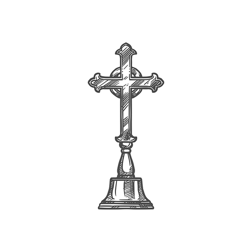Altar Crucifix cross, Christian church religious symbol. Vector Christianity Orthodox and Catholic church ceremony and mass icon
