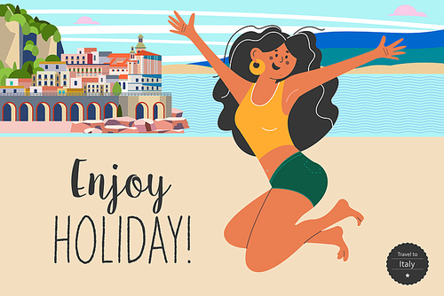 A cheerful girl in a straw hat takes a selfie against the background of a tourist attraction in Italy. Enjoy holiday. Summer vacation. Tourist interesting trips. Vector bright colorful illustration.