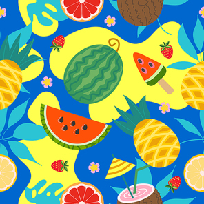 Summer bright vector seamless pattern with juicy fruits and tropical leaves and coconut cocktail. On a blue and yellow background.