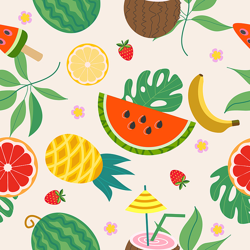 Summer bright vector seamless pattern with juicy pineapples, bananas, watermelons and coconut cocktail on a light background.