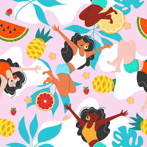 Summer bright vector seamless pattern with funny girls, juicy pineapples and watermelons on a light pink background.