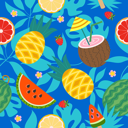 Summer bright vector seamless pattern with juicy fruits and tropical leaves and coconut cocktail. On a blue and yellow background.