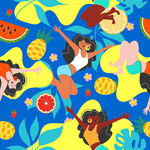Summer bright vector seamless pattern with funny girls, juicy pineapples and watermelons on a blue and yellow background.