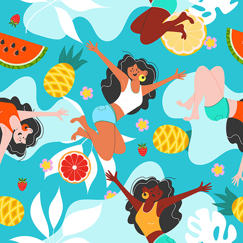 Summer bright vector seamless pattern with funny girls, juicy pineapples and watermelons on a blue background.