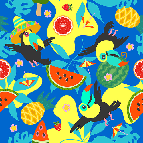 Summer bright vector seamless pattern with cheerful toucans, juicy pineapples and watermelons on a blue and yellow background.