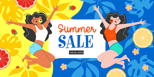 A bright summer banner template, a poster for a seasonal sale. Vector illustration. Two cheerful girls happily jump among tropical leaves and juicy oranges and grapefruits.