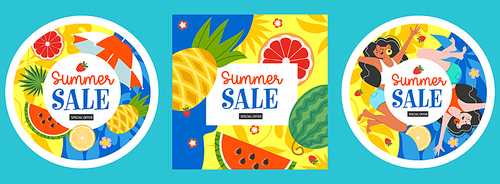 A set of bright summer templates for seasonal sales. Banner and round labels. Vector illustration. Two cheerful girls happily jump among tropical leaves, juicy oranges and grapefruits.