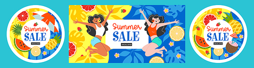 A set of bright summer templates for seasonal sales. Horizontal banner and round labels. Vector illustration. Two cheerful girls happily jump among tropical leaves, juicy oranges and grapefruits.