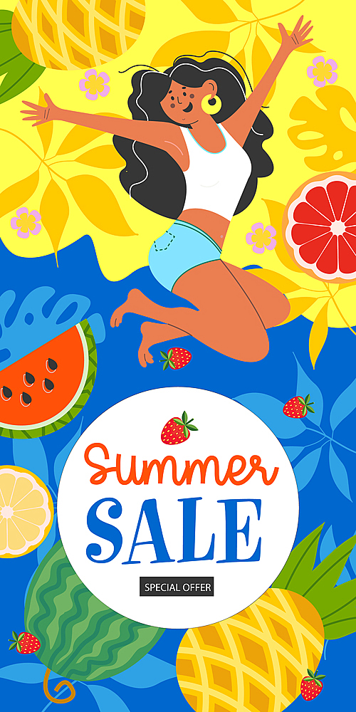 Bright summer vertical banner template, a poster for a seasonal sale. Vector illustration. A cheerful girl happily jumps among tropical leaves, juicy pineapples and watermelons.