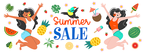 A bright summer banner template, a poster for a seasonal sale. Vector illustration. Two cheerful girls and a toucan happily jump among tropical leaves, juicy fruits and cocktails.
