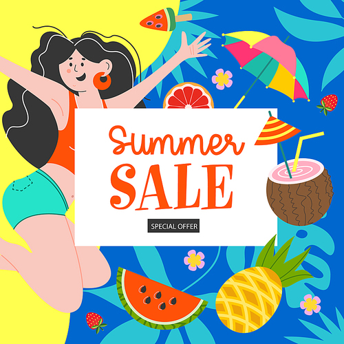 A bright summer banner template, a poster for a seasonal sale. Vector illustration of a cheerful girl, tropical leaves, juicy fruits and a coconut cocktail.