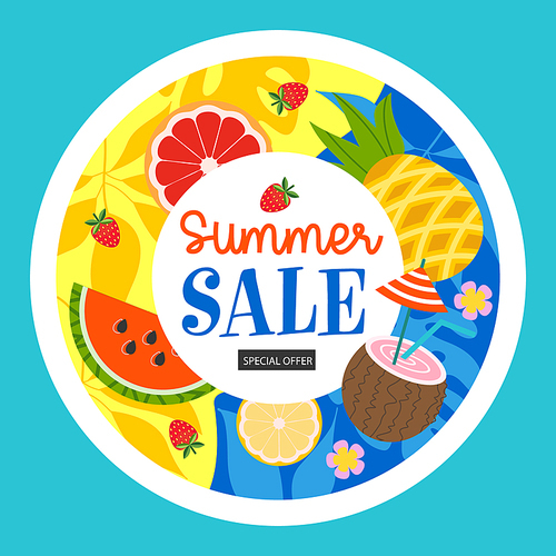 Round label. A bright summer label template for a seasonal sale. Vector illustration with juicy tropical fruits, leaves and coconut cocktail.
