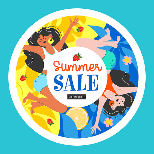 Round label. A bright summer label template for a seasonal sale. Vector illustration with jumping funny tanned girls.