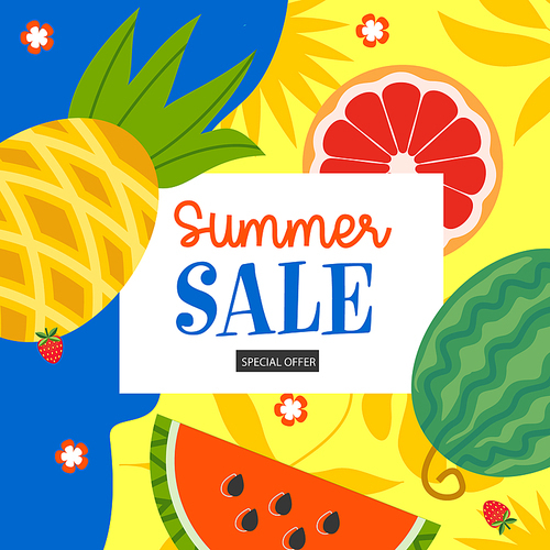 A bright summer banner template, a poster for a seasonal sale. Vector illustration with tropical leaves, juicy watermelon and pineapple.