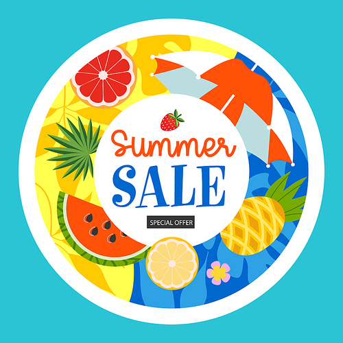 Round label. A bright summer label template for a seasonal sale. Vector illustration with juicy watermelon, pineapple, striped umbrella and bright grapefruit.