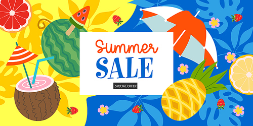 A bright summer banner template, a poster for a seasonal sale. Vector illustration with tropical leaves, juicy fruits and coconut cocktail.
