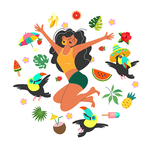 Happy girl and happy toucans among fruits and flowers. Vector summer illustration.