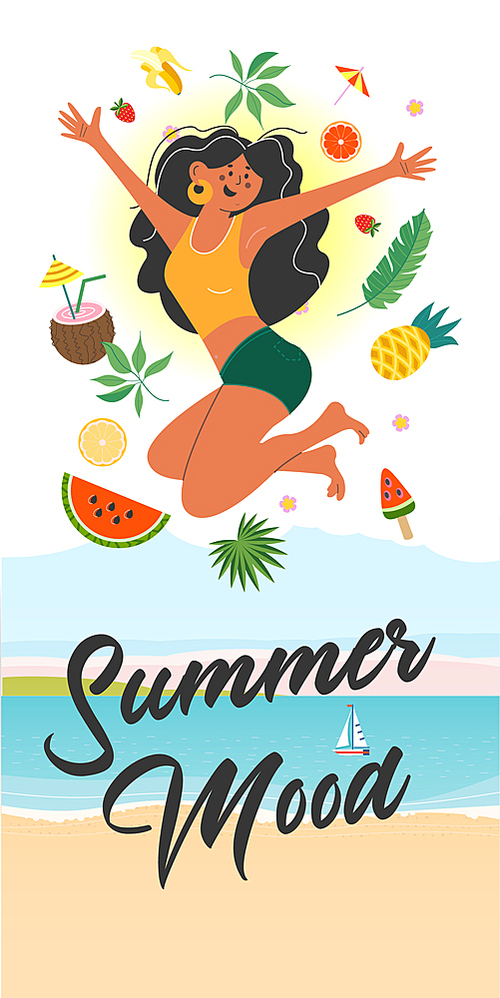 Summer mood. A cheerful girl happily jumps among exotic fruits and leaves on the beach. Vector illustration on a white background.