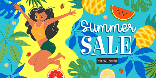 Summer sale. A happy girl jumps among the fruits and foliage. Vector colorful bright and exotic illustration, poster.