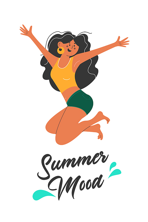 Summer mood. A cheerful tanned girl happily jumps. Vector illustration on a white background.