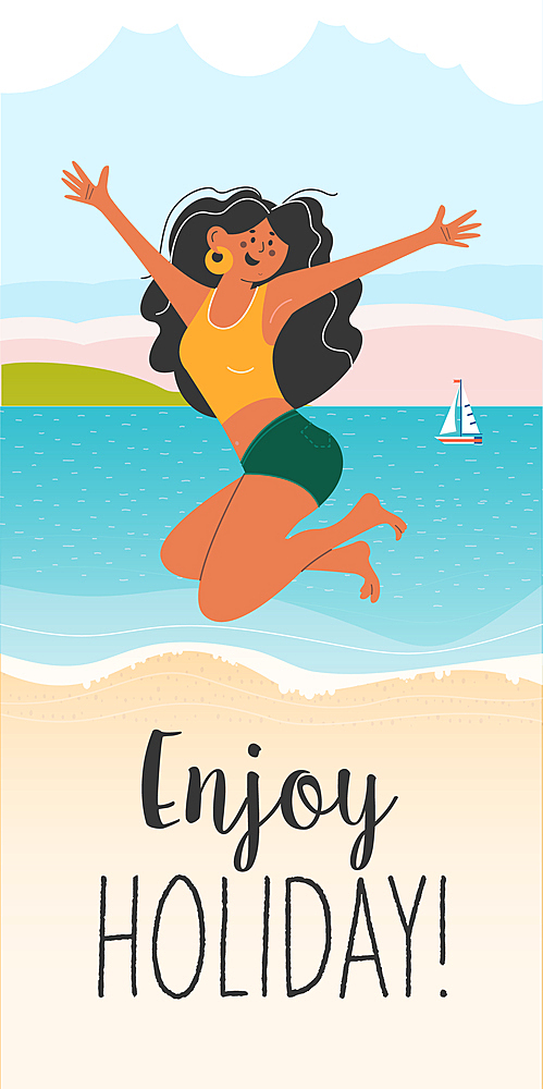 Summer mood. A cheerful girl happily jumps on the beach. Vector illustration on a white background.