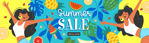Summer sale. Horizontal vector banner. Joyful beautiful girls tanned blunetki jump and have fun among the exotic fruits and foliage.