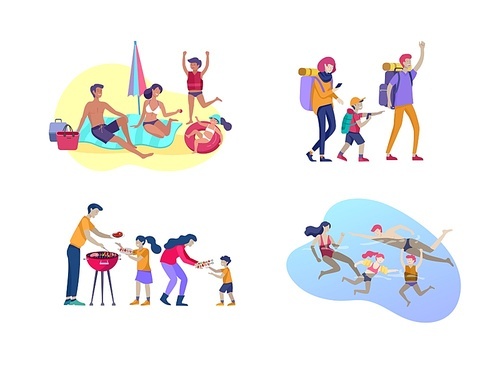 Collection of family hobby activities. Mother, father and children sunbathing, swimming, hiking, traveling, preparing barbecue together. Cartoon vector illustration