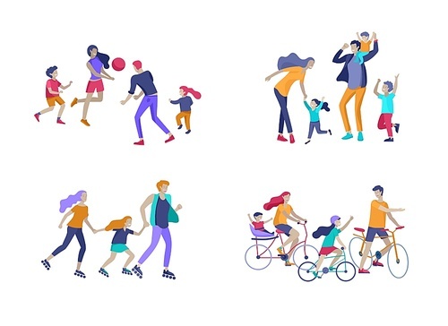 Collection of family hobby activities. Mother, father and children riding bikes, walking, roller skating, play to ball and dansing together. Cartoon vector illustration