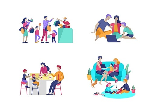 Collection of family hobby activities. Mother, father and children shopping, relaxing at home, watching a movie on laptop, having dinner together. Cartoon vector illustration