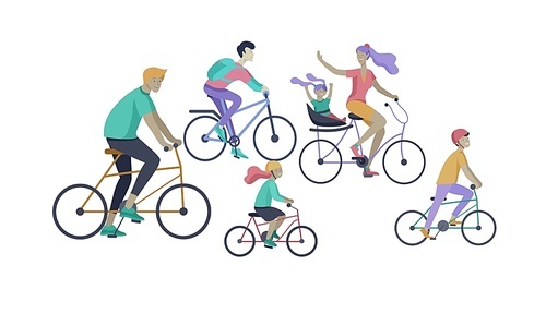 Young woman and man ride the bike, family and friends riding bicycles. Mom, dad and children on bike and cycling together. Sports outdoor activity. Cartoon vector illustration