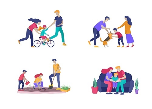 Collection of family hobby activities . Mother, father and children teach daughter to ride bike, play with dog corgi, read book and teach child, gardening and plant sprouts. Cartoon illustration