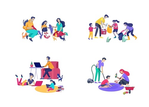 Collection of family hobby and activities. Mother, father and children play with cats, collect garbage for recycling, clinning home, relaxing with with gadgets at home. Cartoon vector illustration