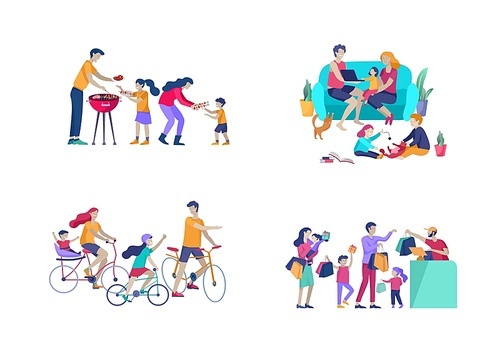 Collection of family hobby activities. Mother, father and children riding bikes, preparing barbecue, shopping, relaxing at home together, cycling. Cartoon vector illustration