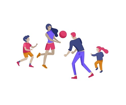 Collection of family hobby activities. Mother, father and children play ball together. Cartoon vector illustration