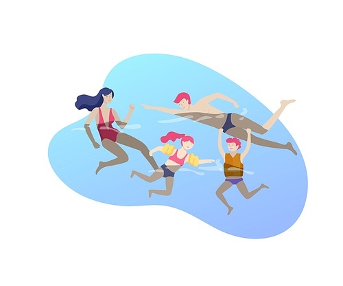 Collection of family summer hobby activities. Mother, father and children sunbathing, swimming, traveling together. Cartoon vector illustration