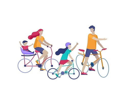 Collection of family hobby activities. Mother, father and children riding bikes together. Cartoon vector illustration