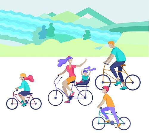 Young woman and man ride the bike in the park, family and friends riding bicycles. Mom, dad and children on bikes at park cycling together. Sports outdoor activity. Cartoon vector illustration