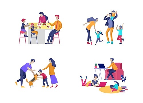 Collection of family hobby and activities. Mother, father and children have dinner, walking dog, dansing and jumping, relaxing at home with gadgets together. Cartoon vector illustration