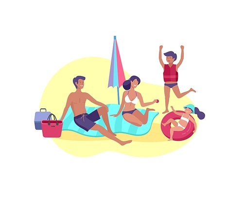 Collection of family summer hobby activities. Mother, father and children sunbathing, swimming, traveling together. Cartoon vector illustration