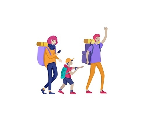 Collection of family hobby activities. Mother, father and children walking hiking and treveling together. Cartoon vector illustration