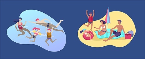 Collection of family summer hobby activities. Mother, father and children sunbathing, swimming, traveling together. Cartoon vector illustration