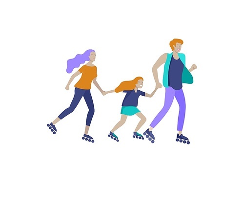 Collection of family hobby activities. Mother, father and children teach ride roller skating together. Cartoon vector illustration