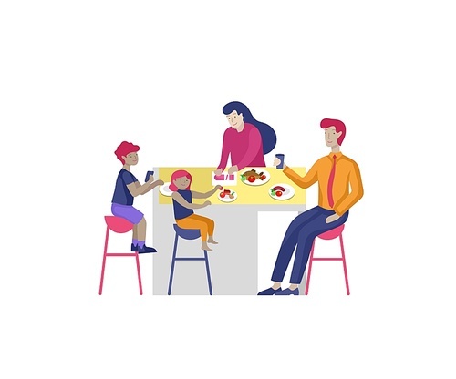 Collection of family hobby and activities. Mother, father and children have dinner relaxing at home with gadgets together. Cartoon vector illustration